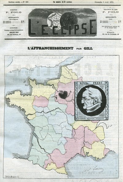 Postaköltség, Franciaország térképe négy zónában és bélyegzője Adolphe Thiers (1797-1877) köztársasági elnök profiljával. Borító a Gill „” L