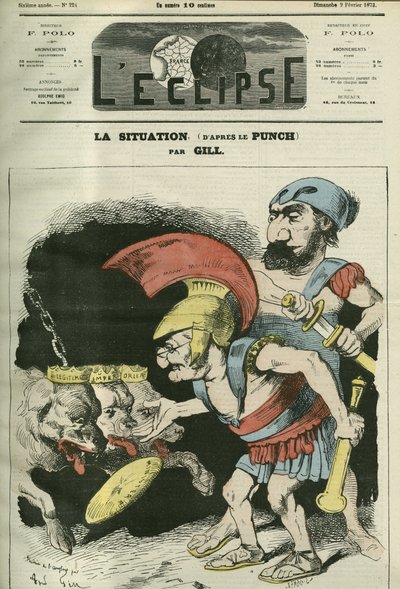 A helyzet, Adolphe Thiers (1797-1877) és Leon Gambetta (1838-1882) rajzfilmje, amely a királyi és bonapartista kutyák szolgálatát adja. Borító a „” L