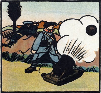 Első világháború 1914-1918 (14-18): Bombakilövő. Egy francia katona ágyúval bombákat küld az ellenségre. Metszet a "Nagy háború ábécéje 1914-1916 (katonáink gyermekei számára)" című kötetben. Editions Berger-Levrault alkotó: Andre Helle
