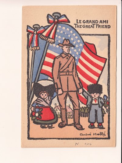 Képeslap, szatirikus színekben: 18-as háború, Amerika, Elzász-Lotaringia Illusztráció: Andre Helle (1875-1945) alkotó: Andre Helle