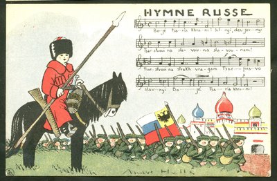 Képeslap, szatirikus színekben: Helle Andre (1875-1945) illusztrációja: Orosz himnusz - 14-18-as háború, Oroszország, éneklő katonák. alkotó: Andre Helle