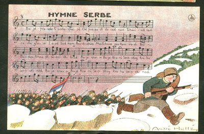 Képeslap, szatirikus színekben: Helle Andre (1875-1945) illusztrációja: Szerb himnusz - 14-18-as háború, dal, Szerbia - katonák. alkotó: Andre Helle