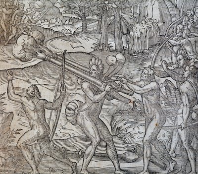Csata bennszülöttek között Kanadában, metszet a Cosmographie Universelle-ből, Andre Thevet, Párizs 1575 alkotó: Andre Thevet