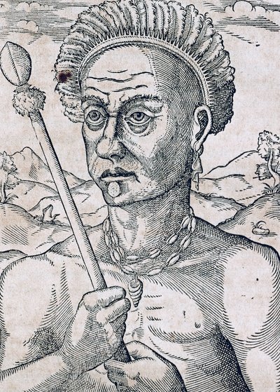 Quoniambec király, Brazília, metszet az Egyetemes Kozmológiából, Andre Thevet (1504-1592), Párizs alkotó: Andre Thevet