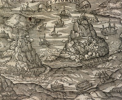 Tengerészeti csata Le Pignon sziget közelében, metszet a Cosmographie universelle-ből, Andre Thevet (1504-1592), Párizs alkotó: Andre Thevet