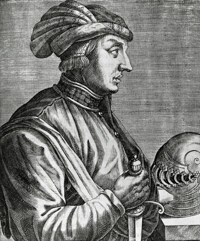 Castruccio Castracani (kb. 1281-1328), Lucca urának portréja, metszet A híres férfiak igaz portréi és élete című könyvéből alkotó: Andre Thevet