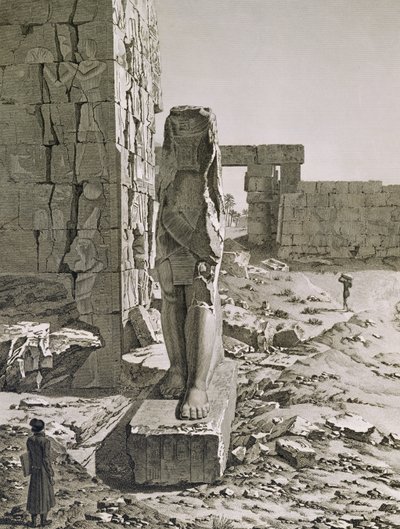 Kilátás a Kolosszusra a thébai karnaki palota hipostílusú termeinek bejáratánál, az "Egyiptom leírása" III. kötetének 20. táblája, Baltard metszet, 1822 (akvatinta) alkotó: Andre after Dutertre