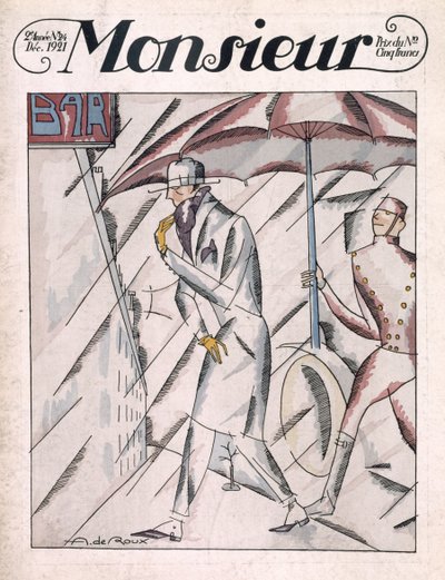 Esőkabátos férfi a „Monsieur” magazin címlapján, 24. szám, kocsma. 1921. december (pochoir print) alkotó: Andre de Roux