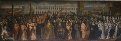 A Dogaressa Marina Morosini-Grimani elhagyja a Palazzo Grimanit a velencei Palazzo Ducale-ban való megkoronázásra alkotó: Andrea Vicentino