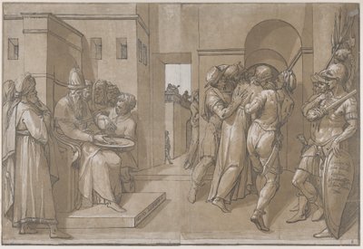 Krisztust elvezetik, katonák állnak a lap jobb oldalán, 1585. alkotó: Andrea Andreani