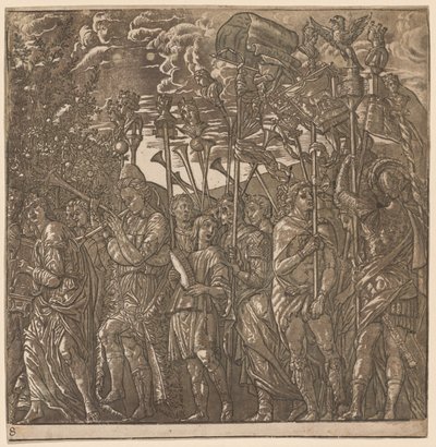 Julius Caesar diadala: zászlókat és zászlókat hordozó katonák, 1593-99. alkotó: Andrea Andreani