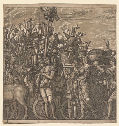 Julius Caesar diadala: Háborús trófeákkal menetelő katonák, 1593-99. alkotó: Andrea Andreani