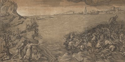 A Vörös-tenger átkelőjénél Mózes áll a bal oldalon, és az elmerült hadseregre mutat..., 1589. alkotó: Andrea Andreani