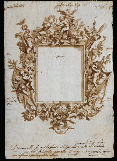 Ortogonális rajz allegorikus kerethez, 1700 körül, Andrea Brustolon (1662-1732), akvarell toll fehér papírra, Olaszország alkotó: Andrea Brustolon