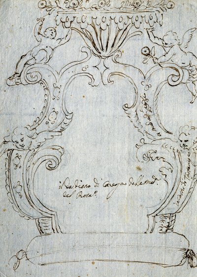 Vázlat széktámlához, 1715 körül, Andrea Brustolon (1662-1732), ceruza és toll fehér papírra, Olaszország alkotó: Andrea Brustolon