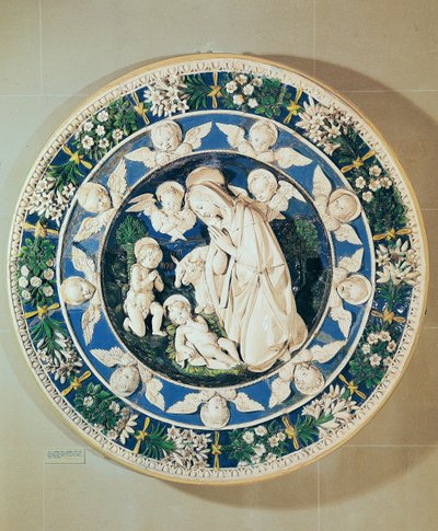 Szűzimádás Keresztelő Szent Jánossal és két kerubbal (polikróm mázas terrakotta) alkotó: Andrea Della Robbia