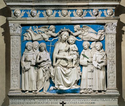 Madonna és gyermek a szentekkel, Andrea della Robbia (1435-1525), mázas cserép, Medici-kápolna, Santa Croce-templom, Firenze, Olaszország alkotó: Andrea Della Robbia