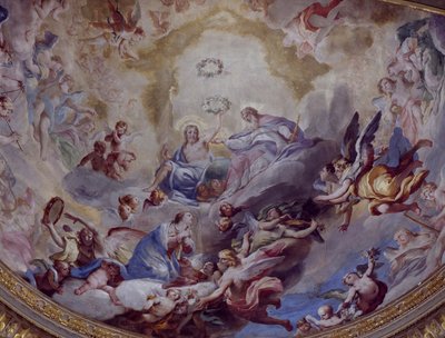 Szűz koronázása, Andrea Lanzani (1641-1712) által 1699-ben festett freskó a lodi Sanctuary Of Incoronata kórusából. Olaszország alkotó: Andrea Lanzani