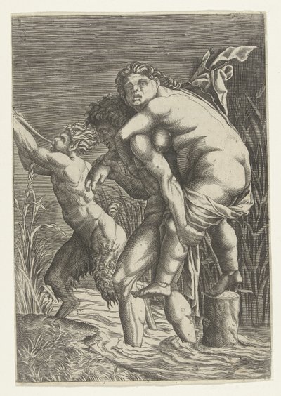 Férfi nőt hord a hátán és szatírt alkotó: Andrea Mantegna (school of)