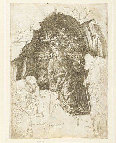 Mária gyermekével, körülötte angyalok a barlangban, Józseffel és a király imádatában alkotó: Andrea Mantegna (school of)
