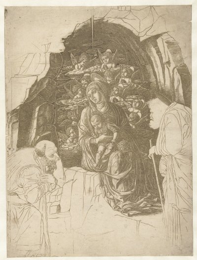 Mária gyermekével, körülötte angyalok a barlangban, Józseffel és a király imádatában alkotó: Andrea Mantegna (school of)