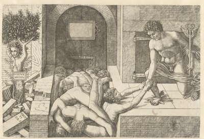 A Merkúr, mint az erény megszemélyesítője, megmenti a lelkeket Limbóban, Daphne pedig fává változik Virtus Deserta (cím az objektumon) alkotó: Andrea Mantegna (school of)