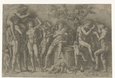 Bacchanal szatírokkal és bacchante-okkal a borprésben alkotó: Andrea Mantegna