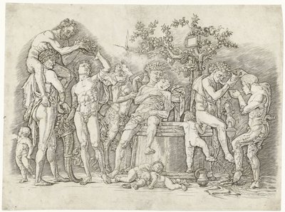Bacchanal szatírokkal és bacchante-okkal a borprésben alkotó: Andrea Mantegna