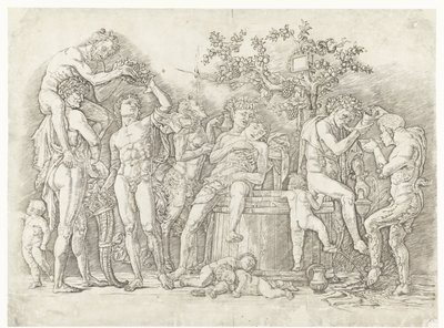 Bacchanal szatírokkal és bacchante-okkal a borprésben alkotó: Andrea Mantegna