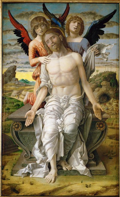 Krisztus mint szenvedő Megváltó, szarkofágon ülve, két angyal támasztja (festmény vászonra) alkotó: Andrea Mantegna