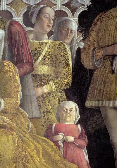 Törpe és más udvaroncok a mantovai Marchese Ludovico Gonzaga III családjának és udvarának csoportképéről, a Camera degli Sposi vagy a Camera Picta, 1465-74 freskórészlet a 78449-ből alkotó: Andrea Mantegna