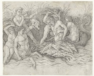 Harc a tritonok között nereidákkal a hátukon Tengeri istenek csatája alkotó: Andrea Mantegna