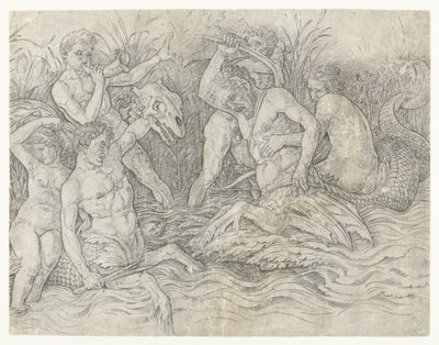 Harc a tritonok között nereidákkal a hátukon Tengeri istenek csatája alkotó: Andrea Mantegna