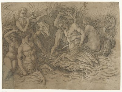 Harc a tritonok között nereidákkal a hátukon Tengeri istenek csatája alkotó: Andrea Mantegna
