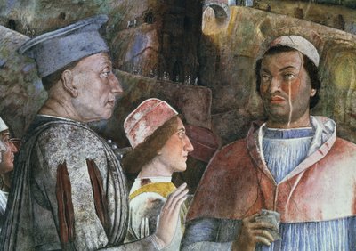 III. Ludovico Gonzaga mantovai márki uralkodott 1444-78 között fiát, Francesco Gonzaga bíborost köszöntve a Camera degli Sposi vagy Camera Picta, 1465-74 freskórészlete a 78449-ből. alkotó: Andrea Mantegna