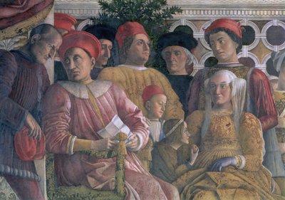 III. Marchese Ludovico Gonzaga Mantuából uralkodott 1444-78 között, felesége Brandenburgi Barbara, gyerekek és udvaroncok, a Camera degli Sposi vagy Camera Picta, 1465-74 freskórészlete a 78449-ből. alkotó: Andrea Mantegna