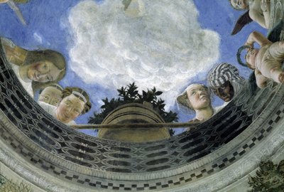 Occulus a Házastársak Háza mennyezetéről, Mantovai hercegi palota, Olaszország (Camera degli Sposi, Palazzo Ducale, Mantova): allegorikus alakok és putti részlete. Andrea Mantegna (1431-1506) freskója alkotó: Andrea Mantegna