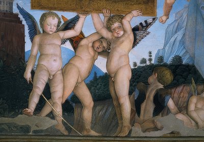 Dedikációs plakettet tartó pillangószárnyú putti (részlet). 1465-74 alkotó: Andrea Mantegna