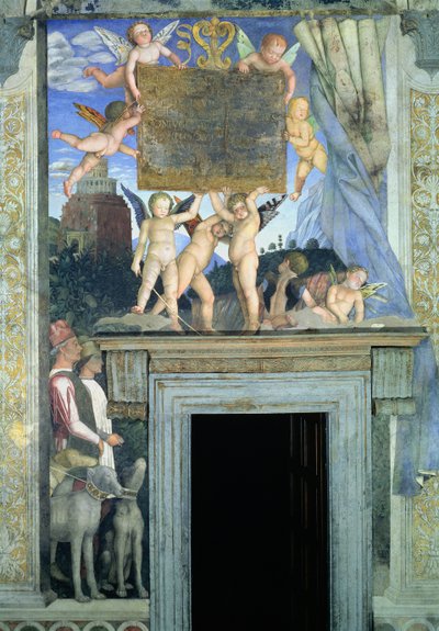 Putti pillangószárnyakkal a dedikáló táblát alátámasztó vadászkutyákkal és felvezetőikkel lent, a Camera degli Sposi vagy a Camera Picta, 1465-74 freskó részlete 78449 alkotó: Andrea Mantegna
