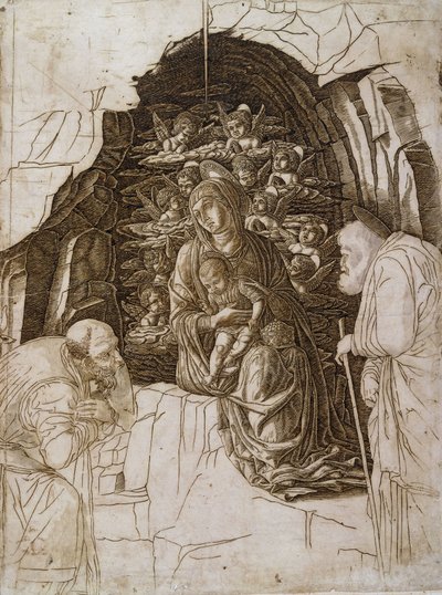 A mágusok imádása: Szűz a barlangban, 1475-80 körül alkotó: Andrea Mantegna