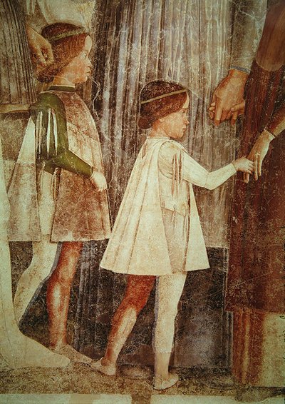 Francesco Gonzaga bíboros érkezése, akit apja Marchese Ludovico Gonzaga III és testvérei köszöntöttek, részlet a Gonzague-gyermekekről, c. 1465-74 (a 78454 részlete) alkotó: Andrea Mantegna