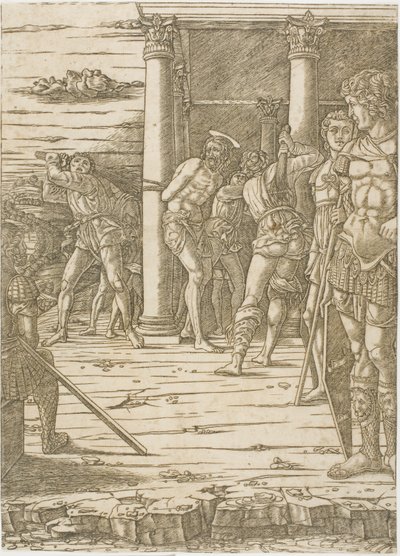 Krisztus lobogtatása, táj háttérrel alkotó: Andrea Mantegna