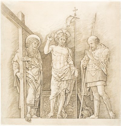A feltámadt Krisztus Szent András és Longinus között alkotó: Andrea Mantegna