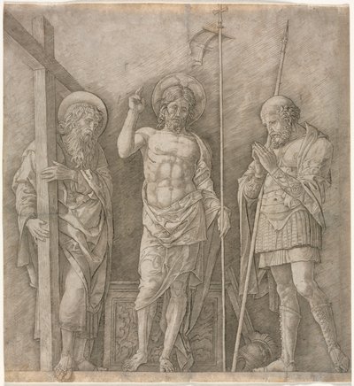A feltámadott Krisztus Szent András és Longinus között, 1470-es évek eleje. alkotó: Andrea Mantegna
