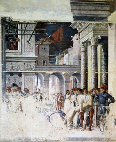 Szent Kristóf lefejezett testének szállítása, részlet Szent Kristóf mártíromságából alkotó: Andrea Mantegna