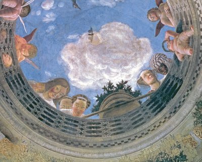 Trompe loeil oculus a Camera degli Sposi vagy a Camera Picta boltíves mennyezetének közepén, 1465-74 freskórészlet a 72245-ből alkotó: Andrea Mantegna