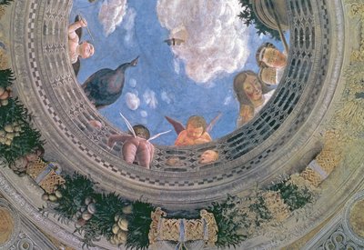 Trompe loeil oculus a Camera degli Sposi vagy a Camera Picta boltíves mennyezetének közepén, 1465-74 freskórészlet a 72245-ből alkotó: Andrea Mantegna