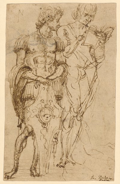 Két álló férfialak (recto); Egy fekvő férfi és más tanulmányok (verso) alkotó: Andrea Mantegna