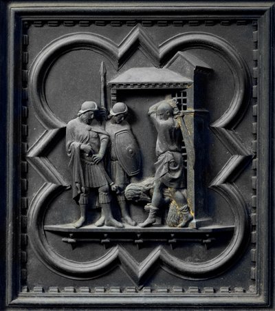 Keresztelő Szent János lefejezése, a San Giovanni Keresztelőkápolna déli ajtajának tizenhatodik táblája, 1336 (bronz) alkotó: Andrea Pisano