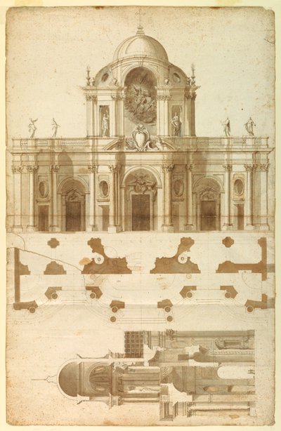 San Giovanni, Laterano, Róma, Olaszország homlokzatának javasolt magassága, metszete és terve alkotó: Andrea Pozzo